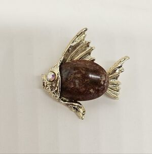 Fish Brooch Pin Jasper Stone AB Crystal Eye Gold Tone Jelly Belly Vintage